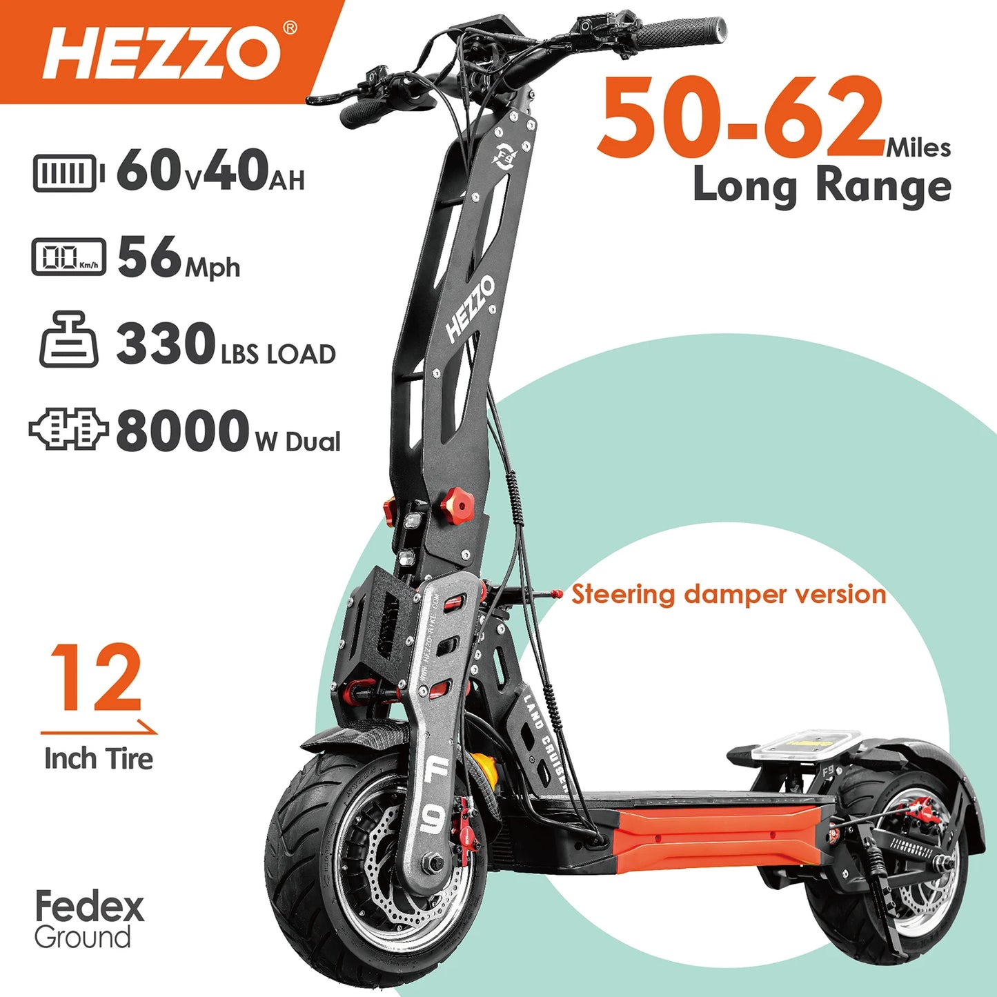 Hezzo F9 Escooter Electric Scooter 8000w Dual Motors 60V 40ah 56Mph 12Inch